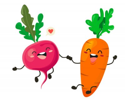Sticker Funny carrot and radish in cartoon style. Vector isolates on a white background.