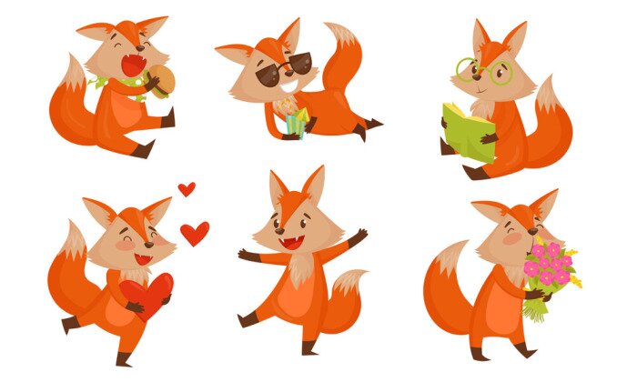Sticker Funny Cute chanterelle Animal Cartoon Character Vector Isolated Set