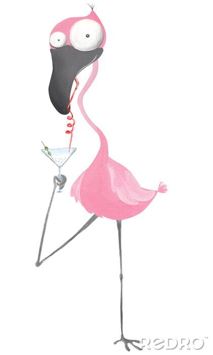 Sticker Funny flamingo with cocktail. Hand drawn illustration