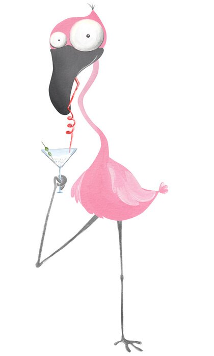Sticker Funny flamingo with cocktail. Hand drawn illustration