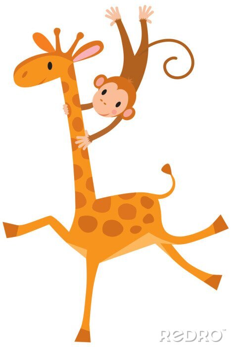 Sticker Funny giraffe met aap
