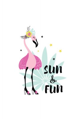 Sticker Funny illustration with pink flamingo