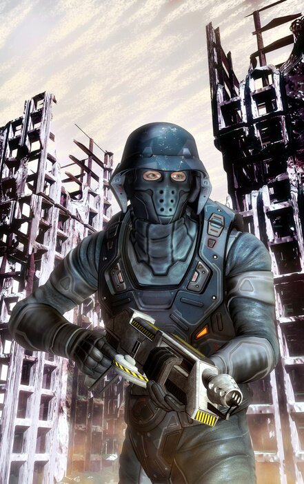 Sticker futuristische soldaat in actie in oorlog