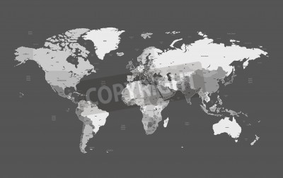 Sticker Gedetailleerde vector wereldkaart van grijze kleuren. Namen, stad merken en nationale grenzen zijn in afzonderlijke lagen.
