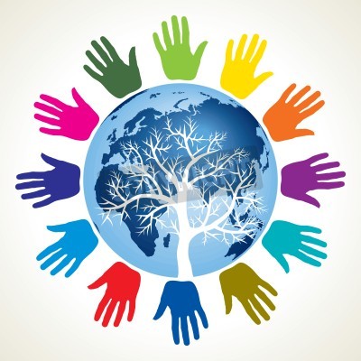 Sticker Gekleurde handen rond de blauwe aardebol