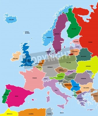 Sticker Gekleurde kaart van Europa op de blauwe achtergrond