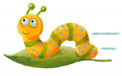 Sticker Gele rups op een blad kinderillustratie