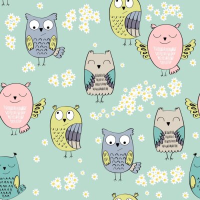 Behang Gelukkige uilen en bloemen