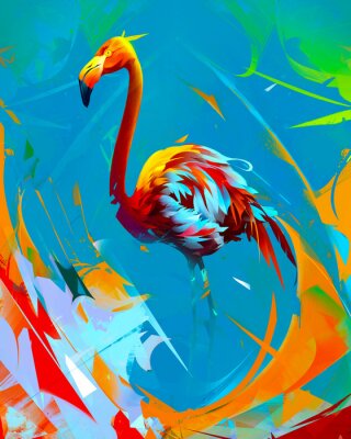Sticker geschilderde heldere flamingovogel op abstracte achtergrond