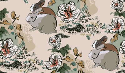 Sticker Geschilderde konijnen tussen bloemen
