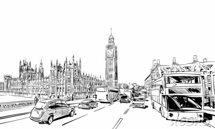 Sticker getrokken Londen stadsbeeld de hand. Big Ben. Engeland. vector illustratie.