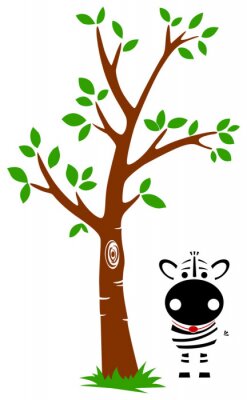 Sticker Giraf die zich onder een boom minimalistische illustratie bevindt