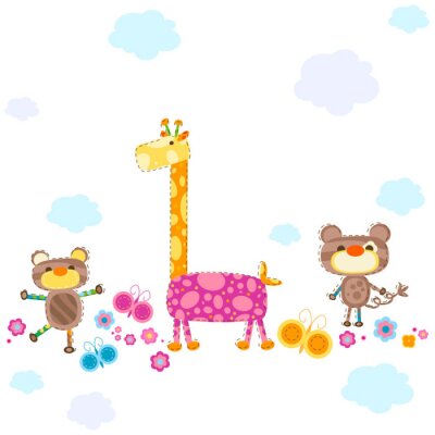 Sticker Giraffe en apen veelkleurige kinderillustratie