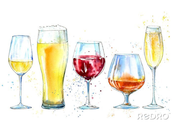 Sticker Glas champagne, cognac, wijn, bier. Afbeelding van een alcoholische drank. Watercolor hand getekende illustratie.