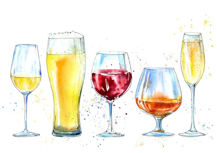Sticker Glas champagne, cognac, wijn, bier. Afbeelding van een alcoholische drank. Watercolor hand getekende illustratie.