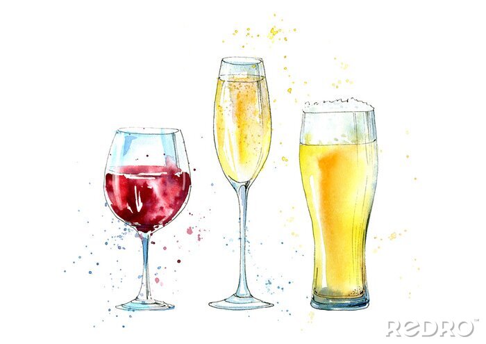 Sticker Glas van een champagne, bier en wijn. Beeld van een alcoholische drink.Watercolor hand getekende illustratie.