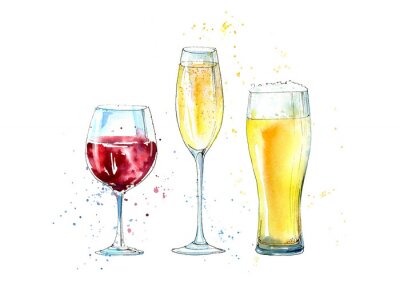 Sticker Glas van een champagne, bier en wijn. Beeld van een alcoholische drink.Watercolor hand getekende illustratie.