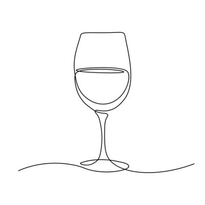 Sticker Glass of wine in continuous line art drawing style. Minimalist black line sketch on white background. Vector illustration