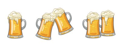 Sticker Glass or ceramic mugs filled of golden light beer with overflowing froth heads. Isolated on white background, for brewery emblem or beer party design