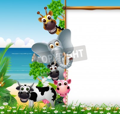 Sticker Glimlachende dieren kijken van achter een leeg frame