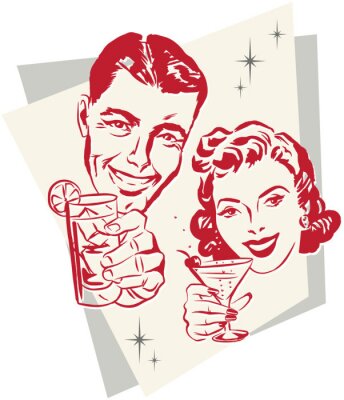 Sticker Glimlachende jaren 1950-paar een toast met cocktailbril opheffen