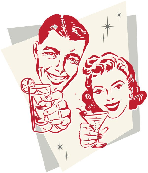 Sticker Glimlachende jaren 1950-paar een toast met cocktailbril opheffen