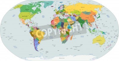 Sticker Globale politieke kaart van de wereld, de hoofdsteden en de grote stad opgenomen