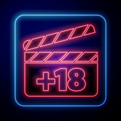 Sticker Glowing neon Movie clapper with 18 plus content icon isolated on blue background. Age restriction symbol. Adult channel. Vector Illustration