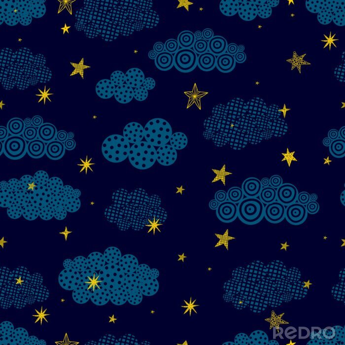 Sticker Gold stars and black clouds.. Seamless vector pattern. Seamless pattern can be used for wallpaper, pattern fills, web page background, surface textures.