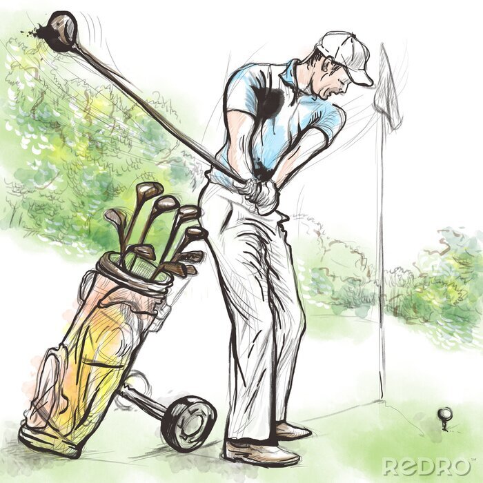 Sticker Golf Player - Een hand getekende en geschilderde illustratie