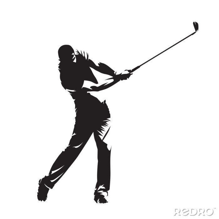 Sticker Golfspeler, geïsoleerde vector silhouet. Actieve mensen, golfswing
