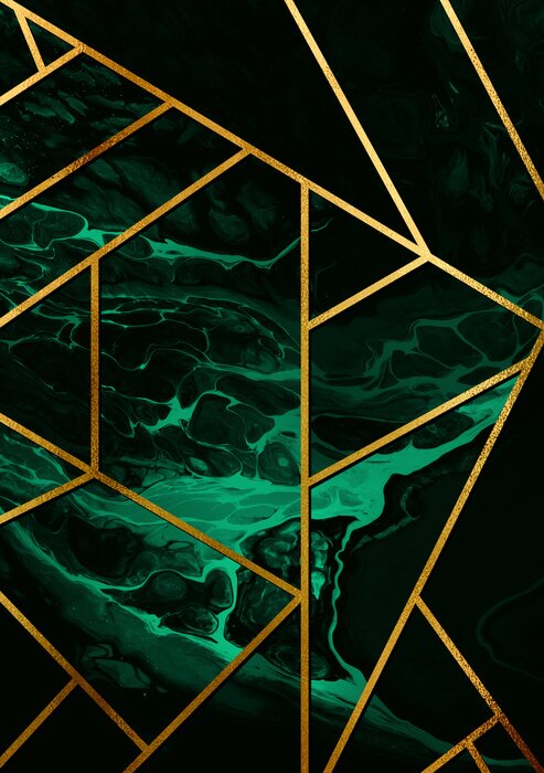 Sticker Gouden lijnen op een groene marmeren achtergrond