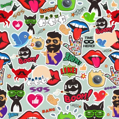 Sticker Graffiti naadloze textuur met sociale media tekens en andere glanzende iconen. Vector