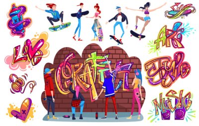Sticker Graffiti street art culture, young people cartoon characters paint on brick wall, vector illustration. Teenagers skating, boys and girls urban lifestyle. Isolated graffiti lettering, set of stickers