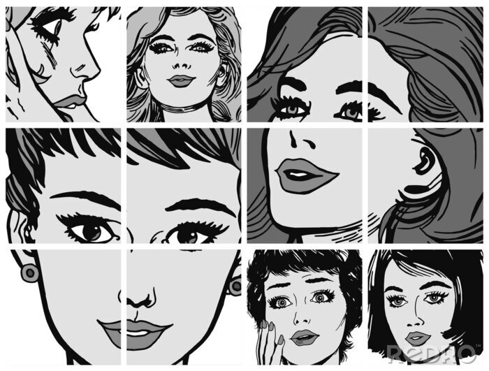 Sticker Grafische gezichten van vrouwen in pop-art