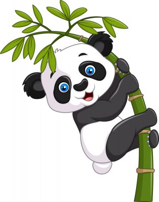 Sticker Grappig grappig baby panda hangen op een bamboe boom