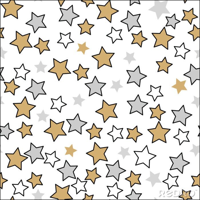 Sticker Grappig Kerstmispatroon met leuke sterren op wit. Naadloze gouden zilver zwarte kleur Vector design decor achtergrond. Decoratie stervorm glitter.