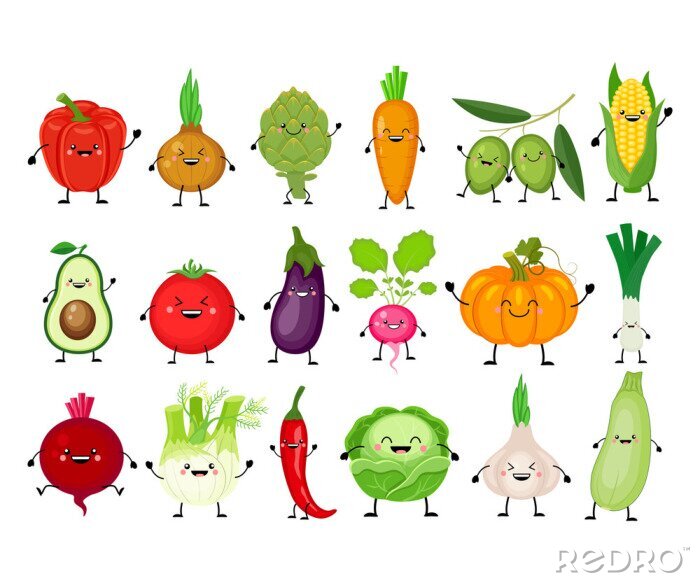 Sticker Grappige cartoon set van verschillende groenten. Kawaii groenten. S