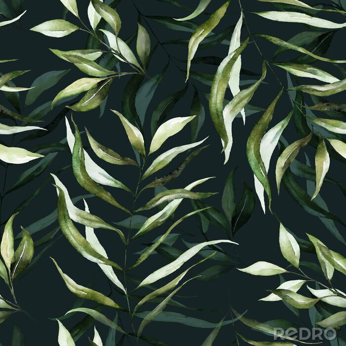 Sticker Green tropical leaves on dark background. Watercolor hand painted seamless pattern. Floral tropic illustration. Jungle foliage.
