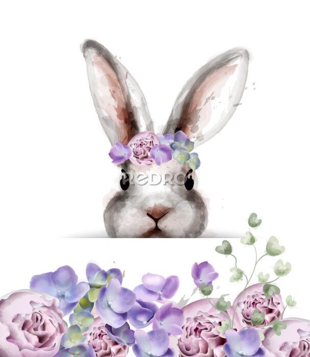 Sticker Grijs konijn met waterverf bloemen in paars