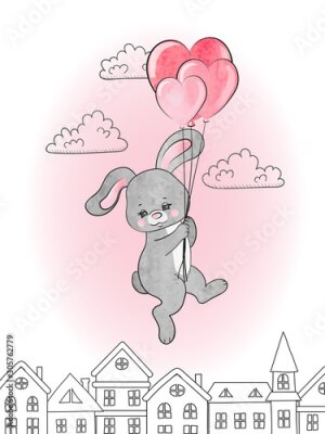 Sticker Grijs konijntje met ballonnen