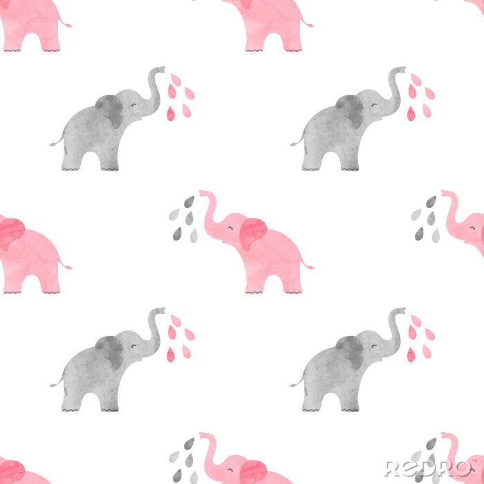 Sticker Grijze en roze aquarel olifanten