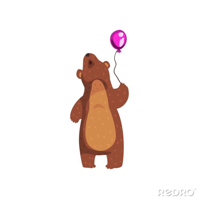Sticker Grizzly beer permanent met paarse glanzende ballon en opzoeken. Cartoon wild dier met bruin bont en kleine oren. Platte vector voor boek, sticker, briefkaart of poster