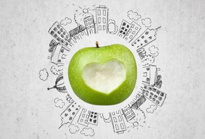 Sticker Groene appel omgeven door gebouwen