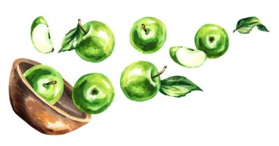 Sticker Groene appels in een houten kom