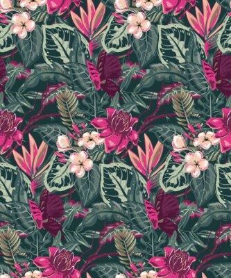 Behang Groene bladeren en roze tropische bloemen