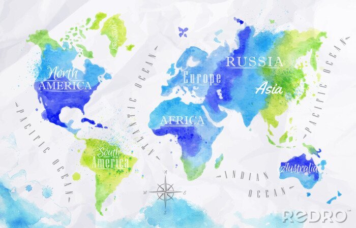 Sticker Groene en blauwe aquarel wereldkaart