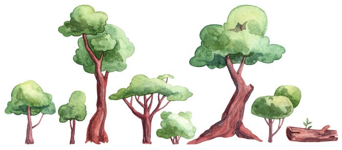 Sticker Groene kronen van aquarelbomen