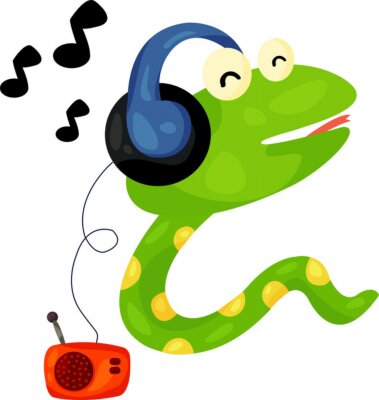 Sticker Groene slang in koptelefoon luisteren naar muziek