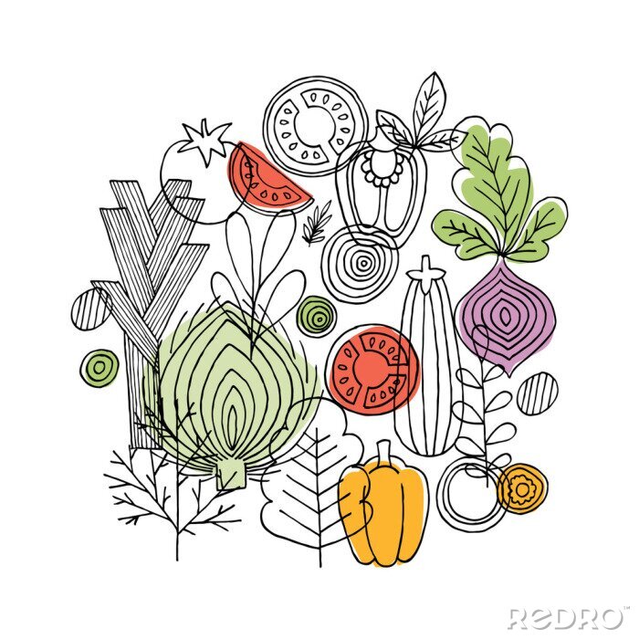Sticker Groenten rond samenstelling. Lineaire afbeelding. Groenten achtergrond. Scandinavische stijl. Gezond eten. Vector illustratie